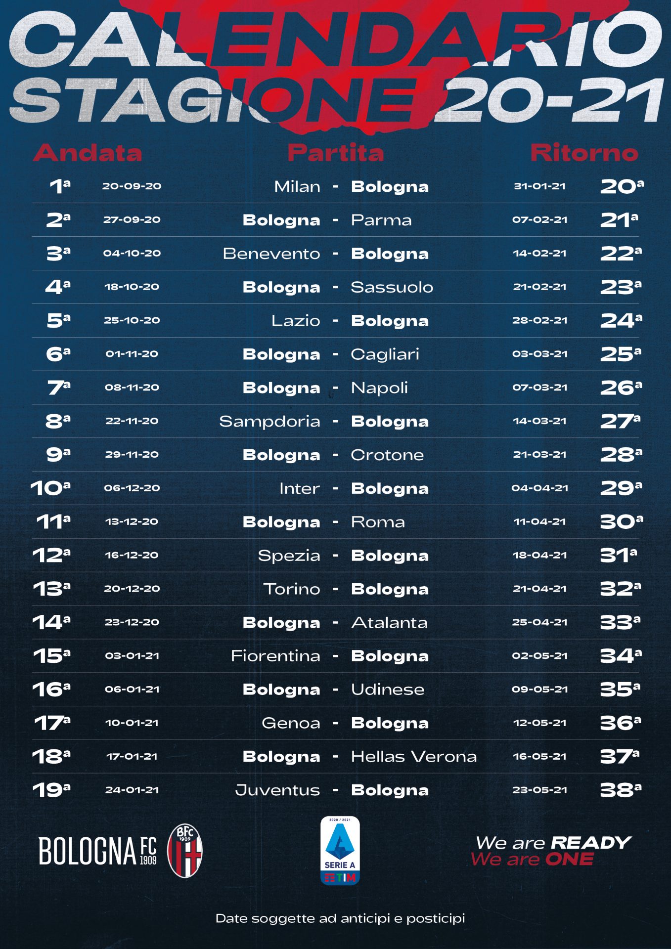 Our Serie A schedule for 2020/21 | BolognaFC